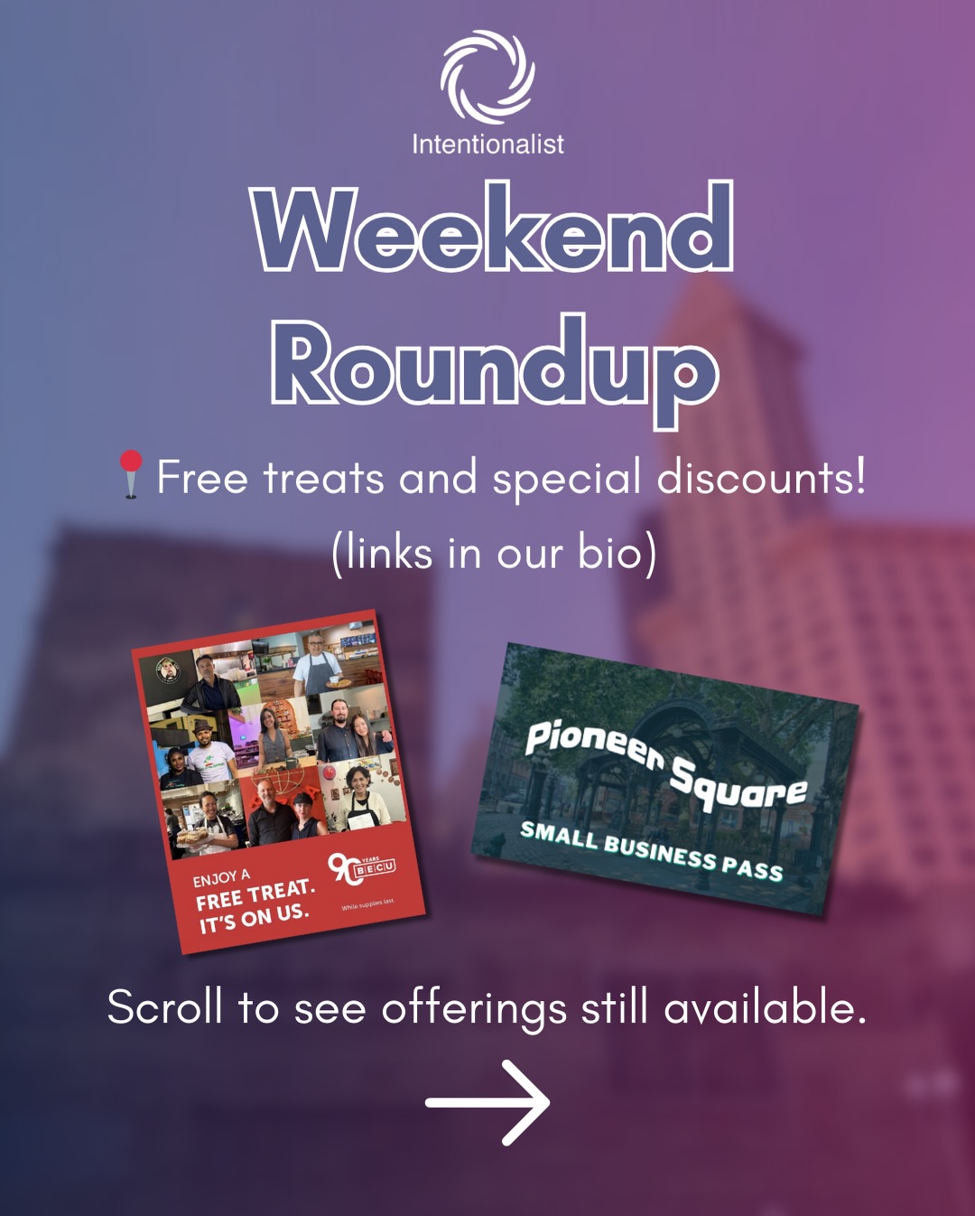 Heading into the weekend, we wanted to let you know that we still have offers remaining through our Pioneer Square Small Business Pass and our BECU Equity in Action Tab at 8 wonderful small businesses 🎟️

To learn more and enjoy the FREE offers:

1️⃣ Go to the BECU Equity In Action Tab OR the Pioneer Square Small Business Pass page at intentionalist.com/passes (via the link in @intentionalist_’s bio) and click on the business listing

2️⃣ Click on “Get A Code”

3️⃣ Show the QR code to the cashier

4️⃣ Please tip generously if you’re able

Note: Offers are available on a first-come, first-serve basis. Receiving a code is not a guarantee that there are still funds remaining on the tab.

#SpendLikeItMatters #BeIntentional #seattlesmallbusiness #seattlefoodie
