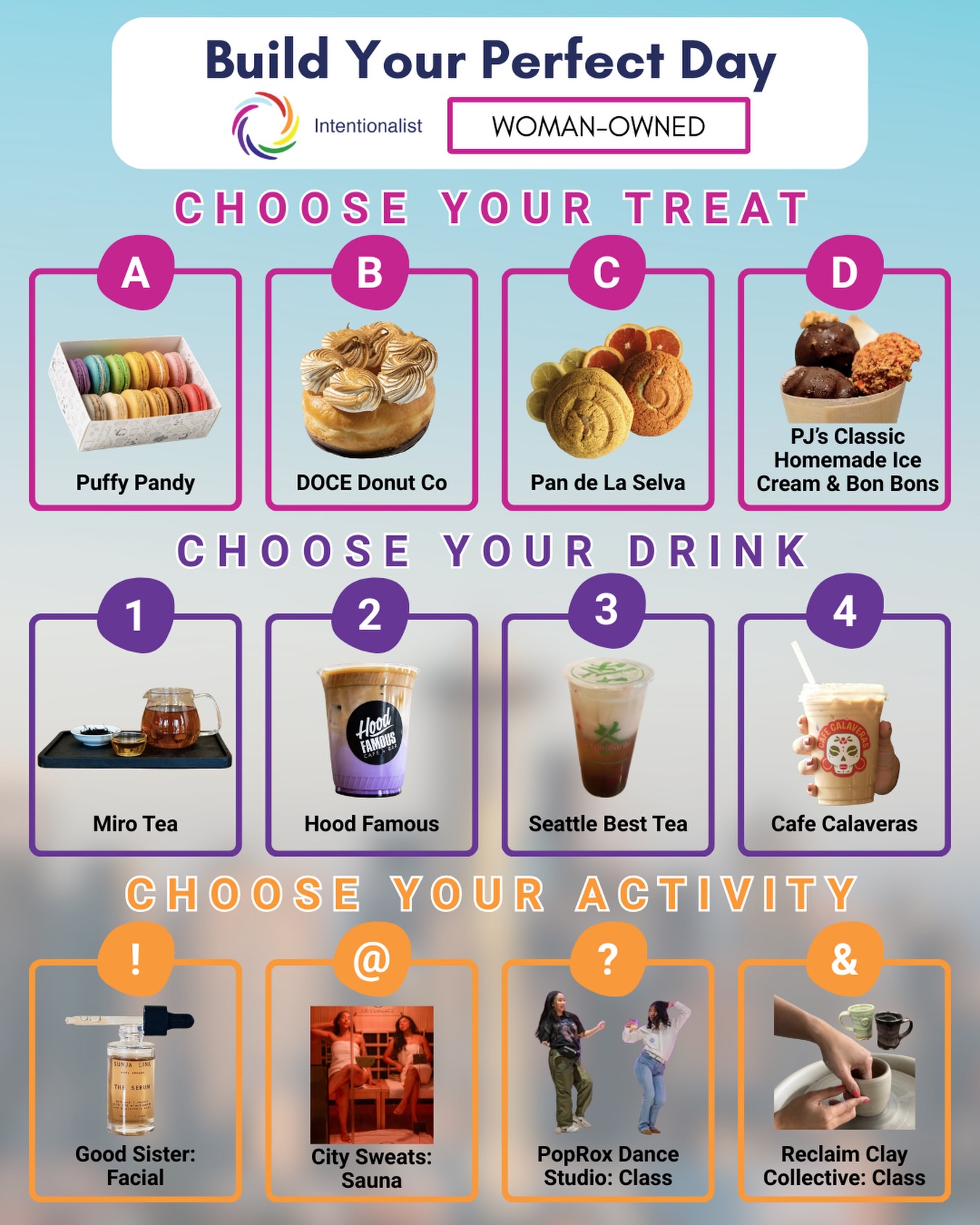 Build your perfect Seattle day by choosing your treat, drink, and activity ✨ Let us know your ideal combo in the comments 👇

#spendlikeitmatters #beintentional #womenshistorymonth #womanowned #seattlesmallbusiness