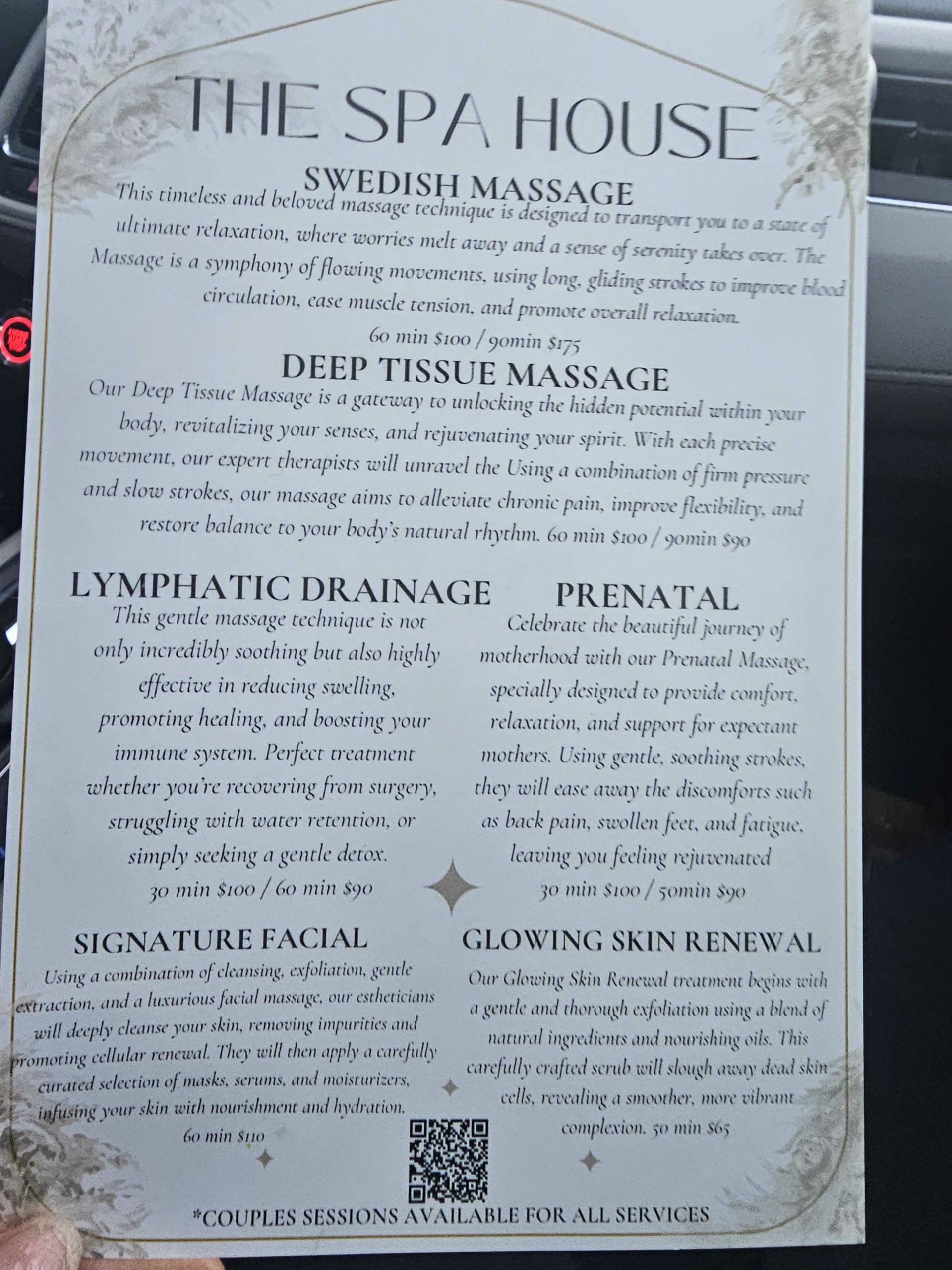 Spa menu from The Spa house by queencare