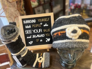 knit beanie and matching gloves at adorned abode in tacoma