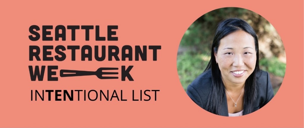 Seattle Restaurant Week logo plus the text InTENtional List below with a photo of Intentionalist CEO Laura Clise to the right.