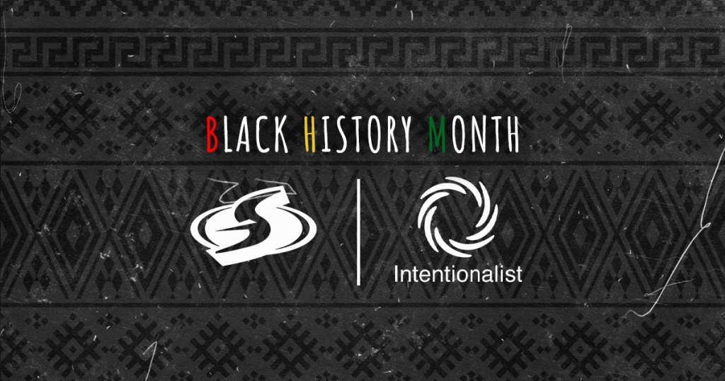 Text reads: Black History Month set above the Seattle Storm and Intentionalist logos. Background is a black and grey pattern.