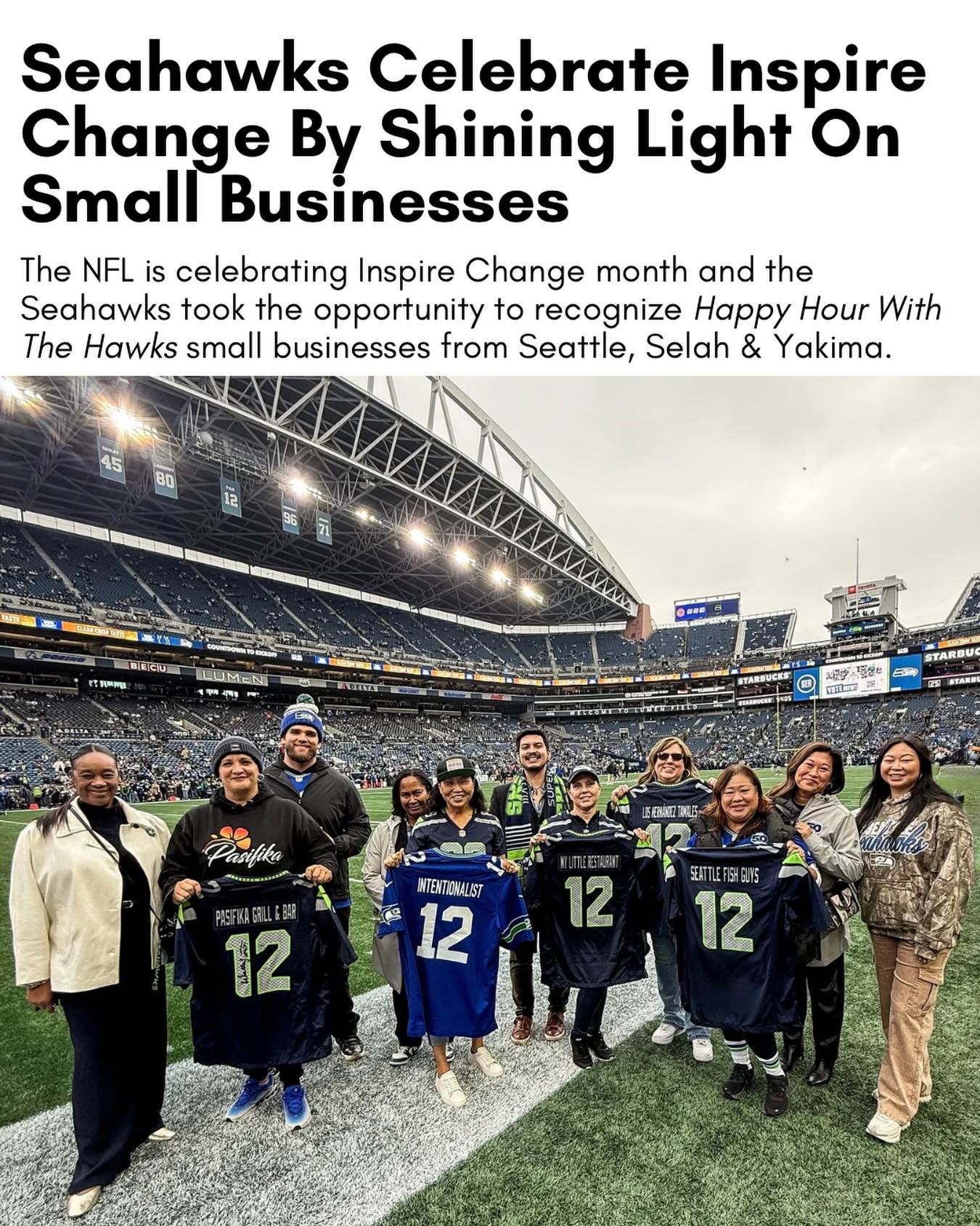 The Seahawks are serious small business fans 💙💚

Thanks to @seahawkscommunity for celebrating small business owners who inspire us every day!

From L to R:

🏝️: @pasifikagrillandbar 

🌮: @mylittlerestaurantofficial 

🫔: @los_hernandez_tamales 

🐟: @seattlefishguys 

#SpendLikeItMatters #SmallBusinessEveryday #Seahawks