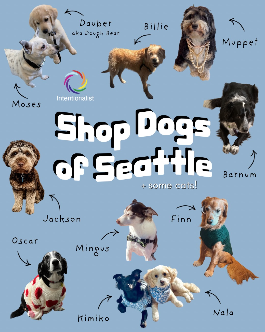 In honor of National Pet Day, we want to celebrate the shop dogs (and cats) of Seattle ❤️🐾

Say hello to:
💍 Muppet, @hiya_fancy (Madison Valley)
🫂 Billie & Garnacho, @friendmuseum (Pioneer Square)
💜 Oscar, @furyconsignment (Madison Valley)
🌈 Jackson, @intentionalist_ (remote office)
🤎 Finn, @j.g.antiquary.co (Madison Valley)
☕️ Mingus, @makeda.and.mingus (Greenwood)
📕 Barnum, @queen.anne.book.company (Queen Anne)
🦋 Nala & Kimiko, @shopsairen (Japantown/CID)
🐱 Buster, Lily, James, Screamer, Pepperjack, Myrtle, @twicesoldtales (Capitol Hill)
🏔️ Moses & Dauber, @wendjewelry (West Seattle)

#spendlikeitmatters #beintentional #shopdogs #dogsofseattle #catsofseattle