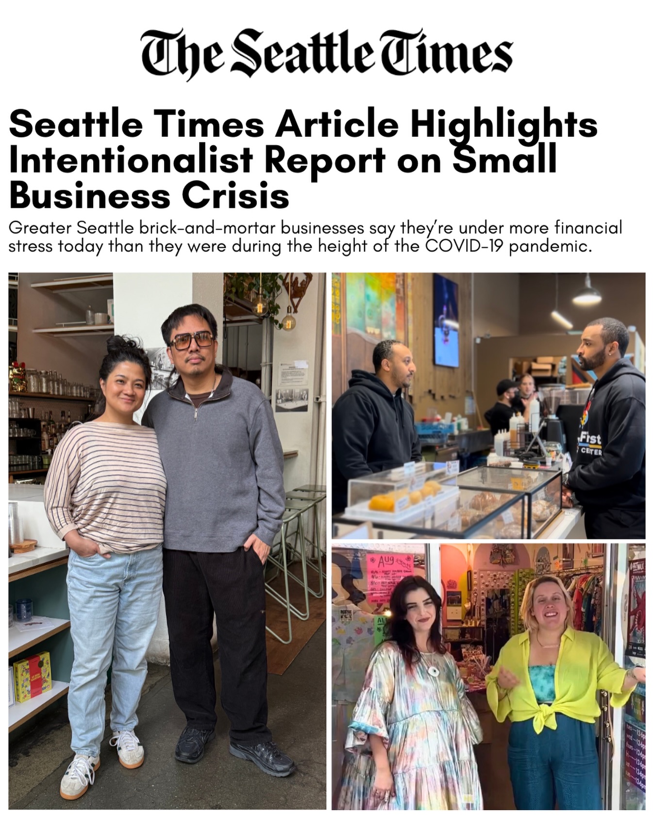 The Intentionalist Small Business Survey, conducted in late 2025, gathered responses from 136 neighborhood-based businesses across Seattle and Washington state. The findings paint a stark picture: demand is soft, costs are climbing across every major category, and the emergency support programs that helped businesses survive the pandemic have largely disappeared.
Head to the link in our bio to read the @seattletimes article about this “invisible crisis,” and check out our blog (also linked) to read a summary of our findings.
#spendlikeitmatters #seattlesmallbusiness #intentionalist #smallbusinesseveryday