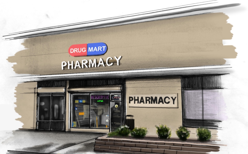 An artistic image of the exterior of Drug Mart Pharmacy