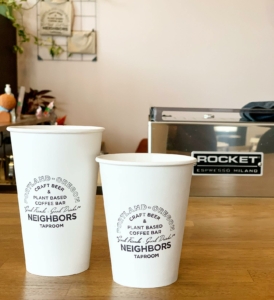 Cups and interior of taproom and cafe
