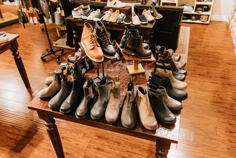 A table display of boots
