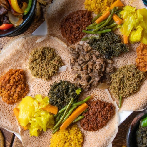 photo of Ethiopian food platter from Azmera Bar & Restaurant in Seattle.