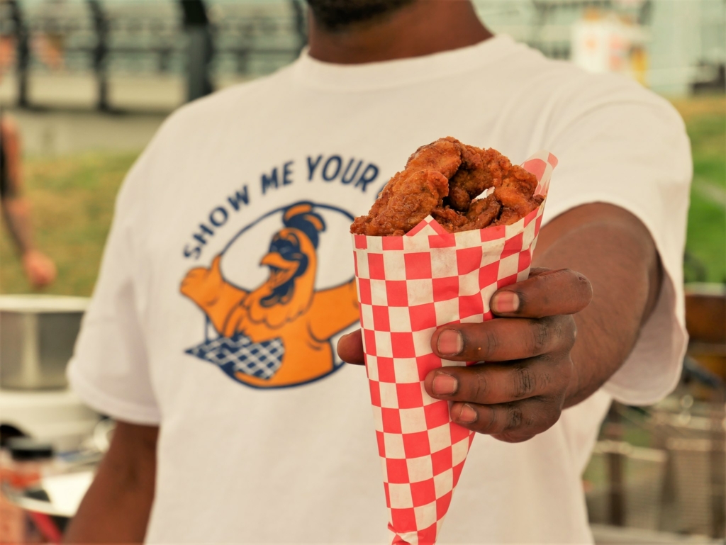 Show Me Your Cones fried chicken in a waffle cone