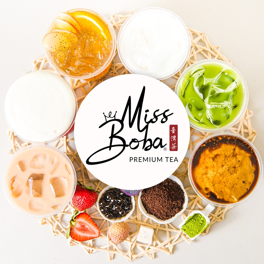 Miss Boba - Centered logo with a variety of iced boba tea beverages and toppings encircling it.